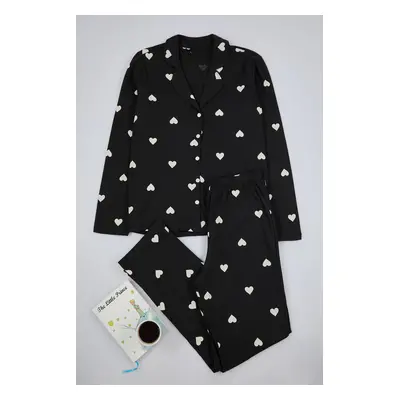 Trendyol Black 100% Cotton Heart Knitted Pajama Set