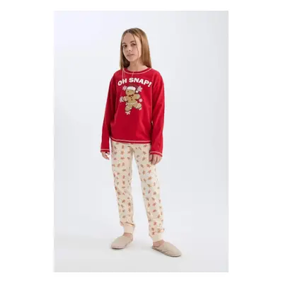 DEFACTO Girls' Pajamas Set Christmas Themed Crew Neck Long Sleeve Top Long Bottom