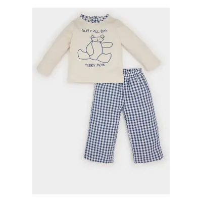 DEFACTO Baby Boy Pajama Set Bear Printed Long Sleeve Top Plaid Woven Bottom