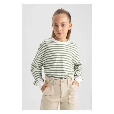 DEFACTO Girl's Crew Neck Striped Combed Cotton Long Sleeve T-Shirt