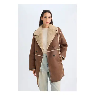 DEFACTO Jacket Collar Suede Parka Coat Plush Lined Buttoned Pocket