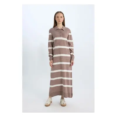 DEFACTO Regular Fit Polo Collar Buttoned Striped Long Sleeve Maxi Dress