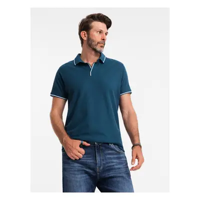 Ombre Men's pique knit polo shirt without buttons - navy blue