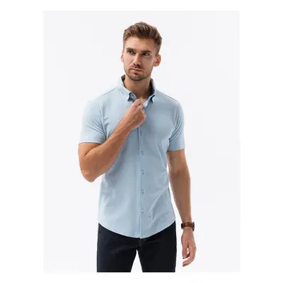 Ombre Men's knitted slim fit shirt with short sleeves and collar - blue