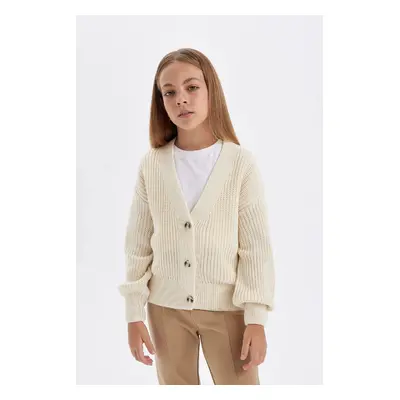 DEFACTO Girl's Knitwear Basic Plain Buttoned Ecru V Neck Cardigan A2298a824au