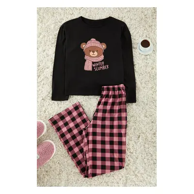 Trendyol Black 100% Cotton Teddy Bear Printed Plaid Knitted Pajama Set