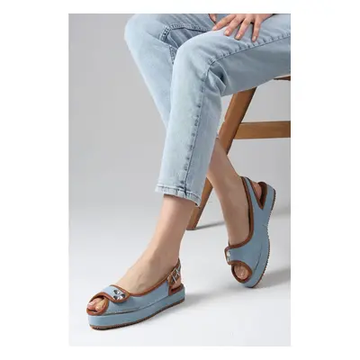 Mio Gusto Arwen Blue Color Denim Fabric Wedge Sole Women's Jeans Sandals