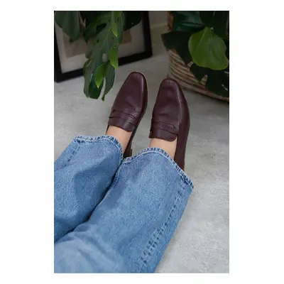 NİŞANTAŞI SHOES Emma Burgundy Inside and Outside Genuine Leather Flat Sole Women's Ballerinas