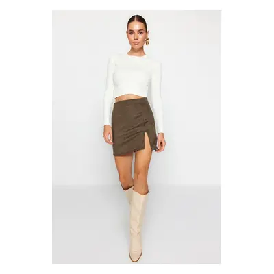 Trendyol Khaki Slit Suede Mini Knitted Skirt