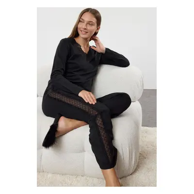 Trendyol Black 100% Cotton Lace Detailed Knitted Pajama Set