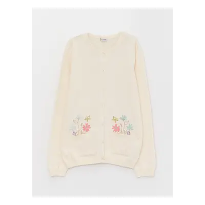 LC Waikiki Crew Neck Embroidered Long Sleeve Girl's Knitwear Cardigan