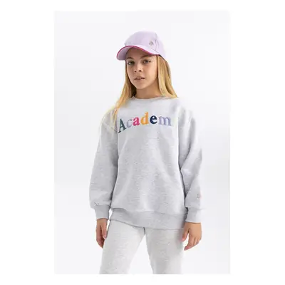 DEFACTO Girl's Crew Neck Printed Soft Furry Thick Sweatshirt