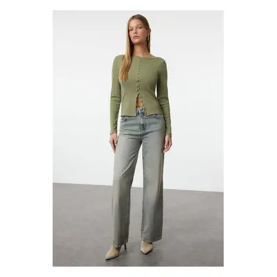 Trendyol Khaki Button Detailed Crew Neck Ribbed Flexible Regular Length Knitted Blouse