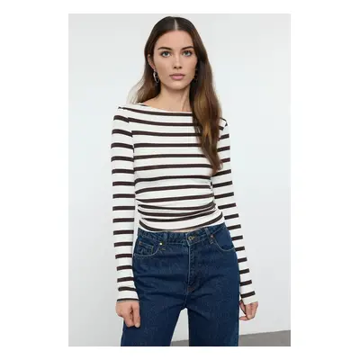 Trendyol Brown Brown Striped Fitted/Fits on the Body Gathered Detail Flexible Knitted Blouse