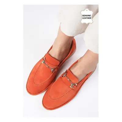 Mio Gusto Claire Genuine Suede Orange Color Oval Toe Buckle Accessory Women's Loafer Shoes