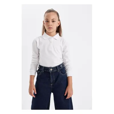 DEFACTO Girl White Polo Neck Plain Basic Pique Long Sleeve School T-Shirt