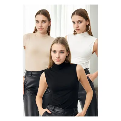 29515 Dewberry Set of Three Women Sleeveless Body-BLACK-WHITE-CREAM