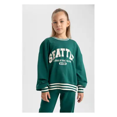 DEFACTO Girl's Oversize Fit Crew Neck Printed Sweatshirt