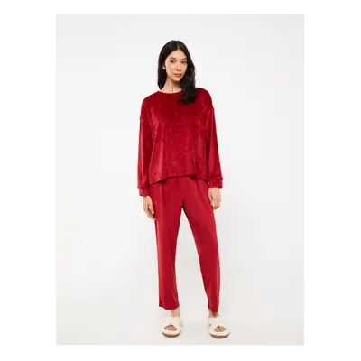 LC Waikiki Women's Crew Neck Patterned Long Sleeve Velvet Pajamas Set