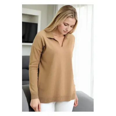 83295 Dewberry Polo Neck Long Sleeve Slit Sweater-CAMEL