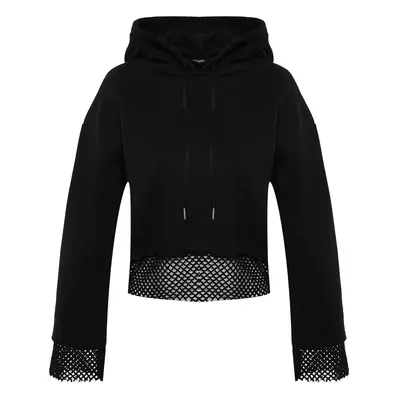 Trendyol Black Thick Inner Fleece Mesh Detailed Hooded Comfort Fit Crop Knitted Sweatshirt