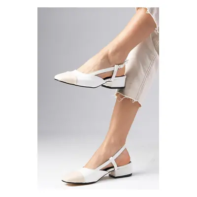 Mio Gusto Hilda Women's White Low-Heeled Shoes with Open Back Buckle in the Side.