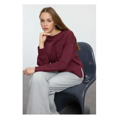 Trendyol Claret Red Thick Fleece Inside Crew Neck Regular/Normal Pattern Basic Knitted Sweatshir