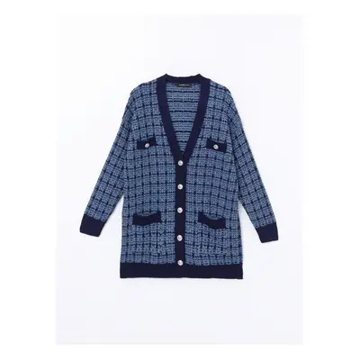 LC Waikiki Classic Black Jacquard V Neck Plaid Women's Knitwear Cardigan