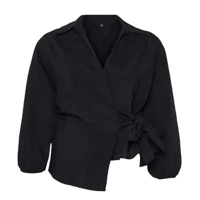 Trendyol Curve Black Textured Double Breasted Tied Shirt Collar Woven Plus Size Blouse