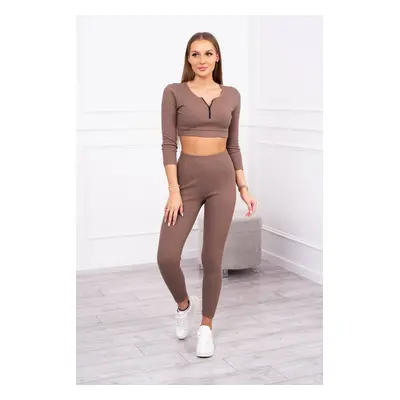 Žebrovaný crop top set mocca