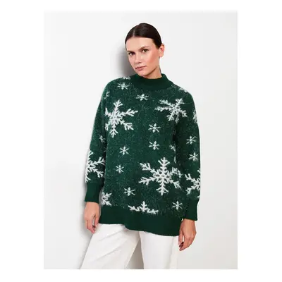 LC Waikiki Women's High Neck Christmas Theme Long Sleeve Oversize Knitwear Sweater