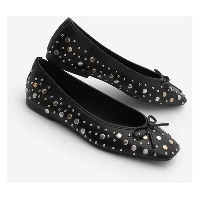 Marjin Women's Blunt Toe Studded Bow Detail Casual Ballerinas Vandera Black