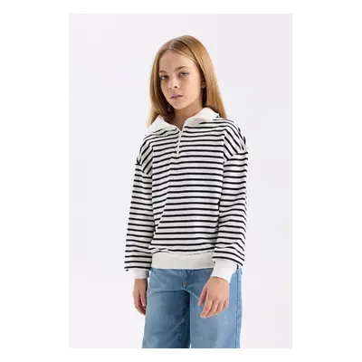 DEFACTO Girl Oversize Wide Pattern Half Zipper Striped Sweatshirt