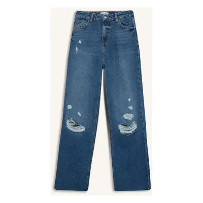 DEFACTO 90's Wide Leg Ripped Detail High Waist Long Jean Washed Trousers