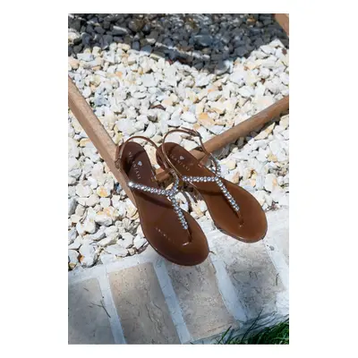 NİŞANTAŞI SHOES Lassie Earth Color Stone Detail Ankle Tied Flat Sole Women's Sandals