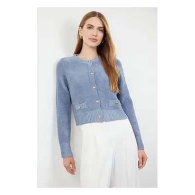 Trendyol Blue Crop Premium Yarn/Special Yarn Pocket Detailed Jacket-Look Knitwear Cardigan