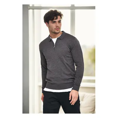 82155 Dewberry Polo Neck Half Zipper Slim Fit Mens Sweater-GREY