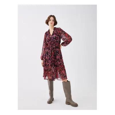 LC Waikiki V-Neck Patterned Long Sleeve Chiffon Women's Dress