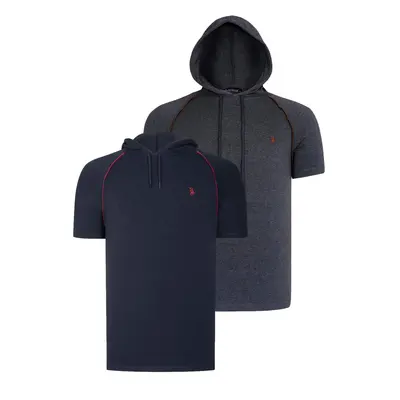 DUAL SET T8570 DEWBERRY HOODED MEN'S T-SHIRT-ANTHRACITE-NAVY BLUE