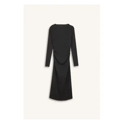 DEFACTO Bodycon Bodycon Half Turtleneck Basic Plain Crepe Long Sleeve Midi Dress