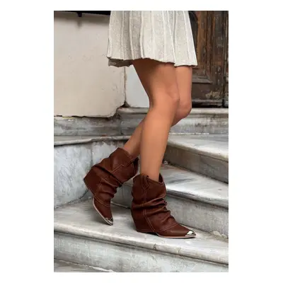 NİŞANTAŞI SHOES Glinda Brown Matte Leather Toe Iron Detail Bellows Women's Heeled Dallas Boots