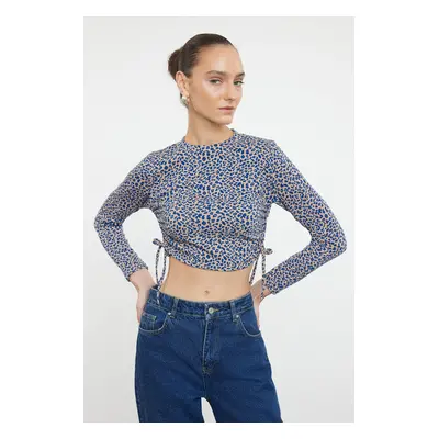 Trendyol Blue Printed Fitted Gather/Drape Detailed Stretchy Knitted Blouse