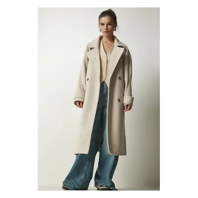 Štěstí İstanbul Dámský krém Dvouřadý krk s páskem Oversize Cachet Coat