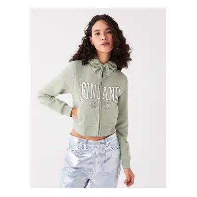 LC Waikiki Women's Hooded Printed Long Sleeve Crop Zipper Sweatshirt