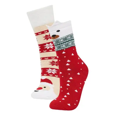 DEFACTO Women's Christmas Themed 2-Pack Cotton Long Socks