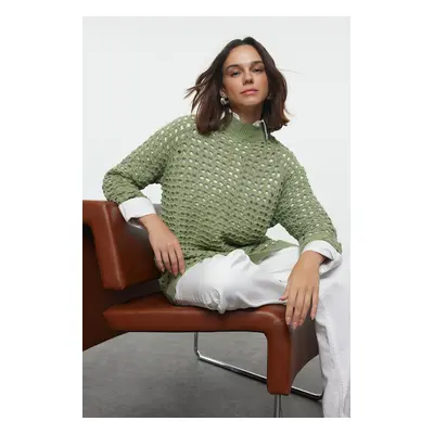 Trendyol Light Khaki Stand Collar Openwork/Hole Knitwear Sweater