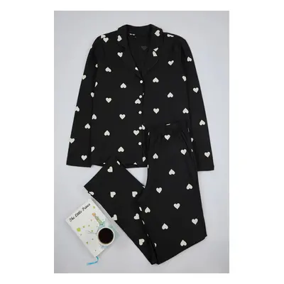 Trendyol Curve Black Heart Shirt Collar Knitted Pajama Set