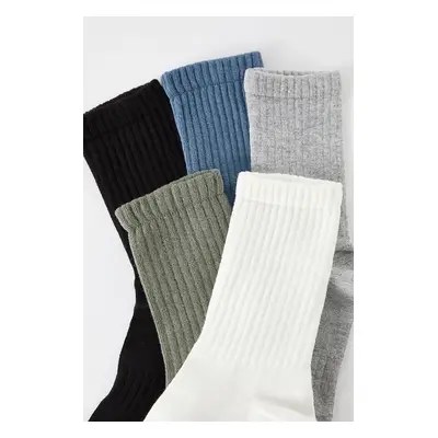 Trendyol Black-Gray-White-Petrol-Khaki Unisex 5-Pack Cotton Textured Ankle-Long Socks