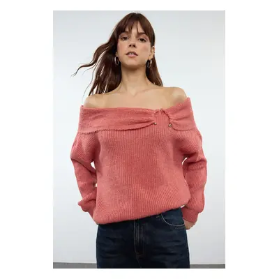 Trendyol Dusty Rose Soft Texture Carmen Collar Knitwear Sweater