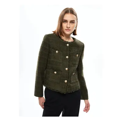 LC Waikiki LCWAIKIKI Classic Khaki Crew Neck Plain Long Sleeve Women's Tweed Jacket